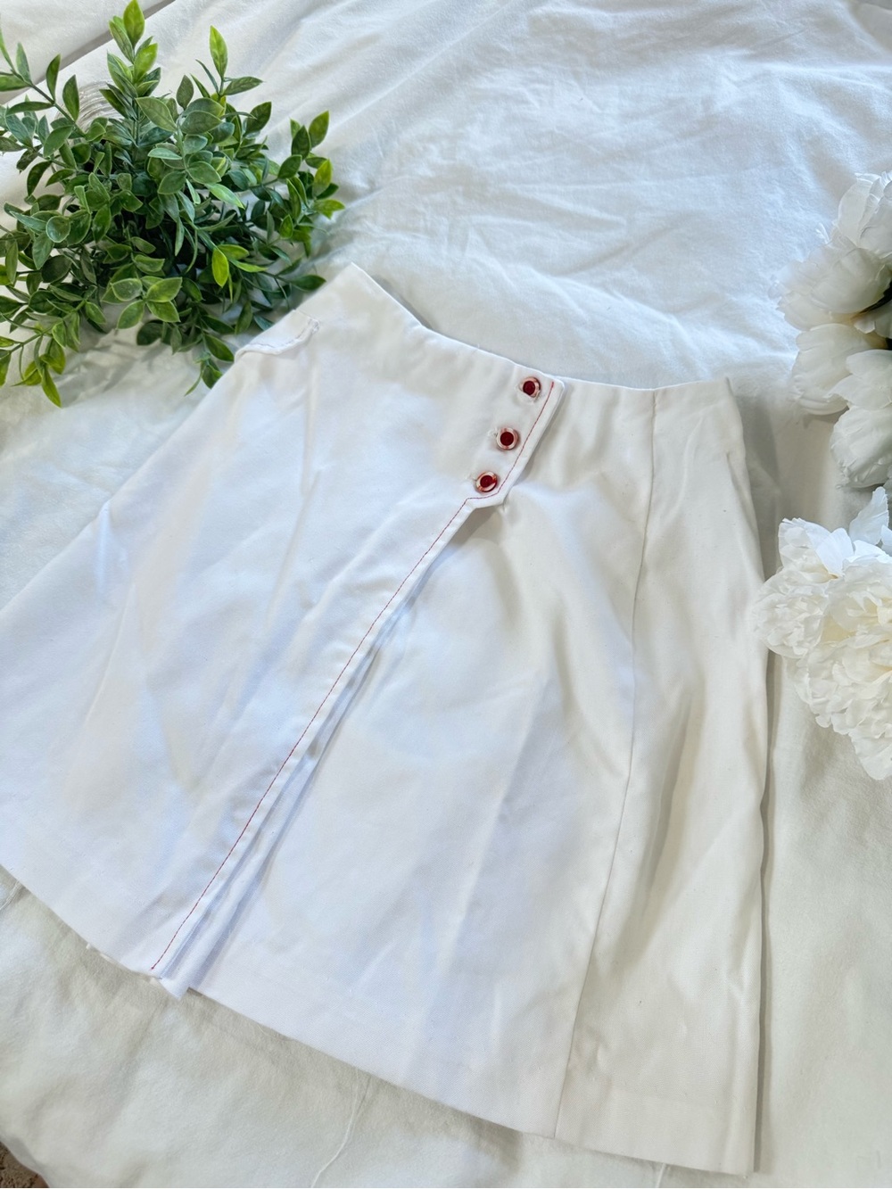 White Midi A-Line Skirt with Red-Trim Button Detail